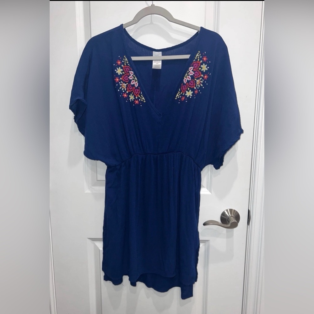 Time & Tru Women’s Embroidered Dolman Swimsuit Navy Cover Up Size Large